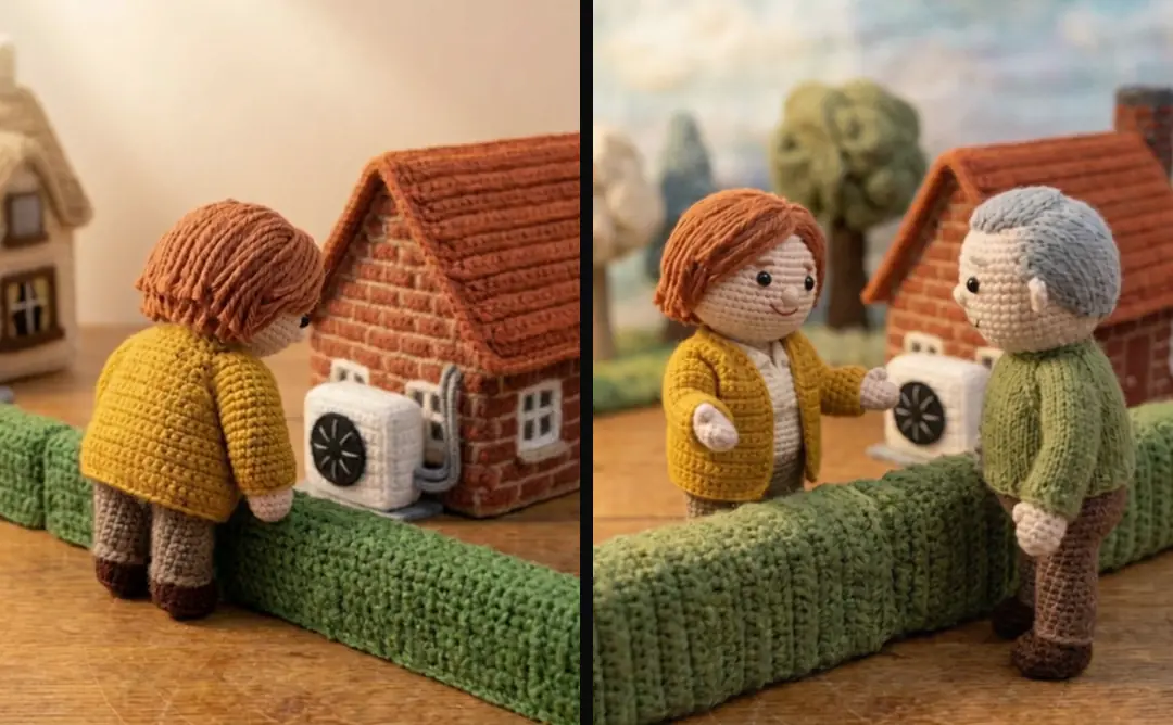 Two crochet openings for the same ad: a woman alone at a hedge looking at a neighbor's house, and the same woman talking with a neighbor over the hedge