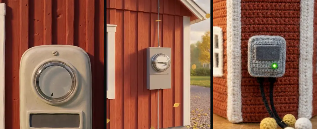 An electricity meter on a red house wall in three materials: clay, 3D and crochet