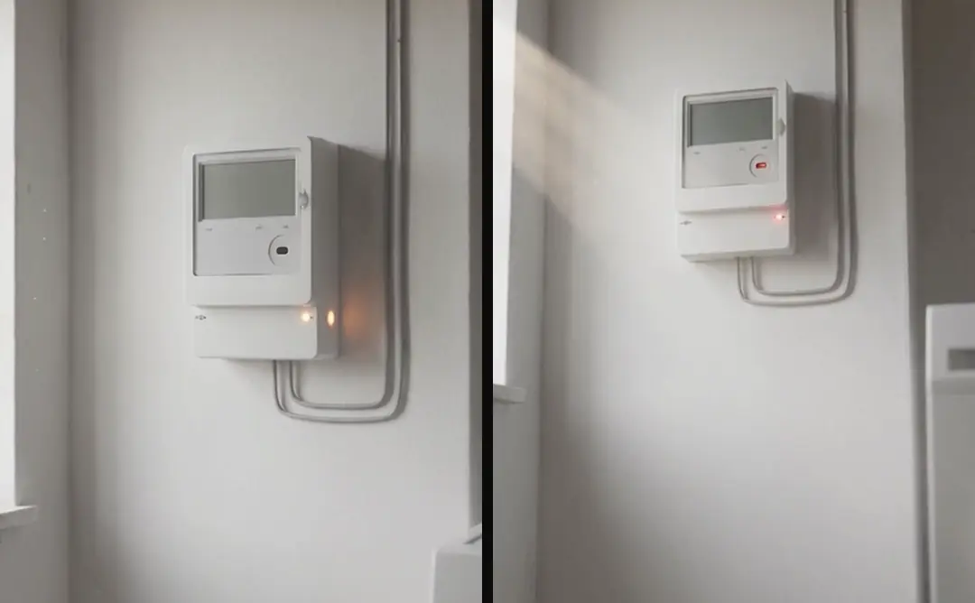 Two shots of a white wall-mounted electricity meter with a grey display and an orange light, from one skeleton story: close up in a room, and from further back with its cable