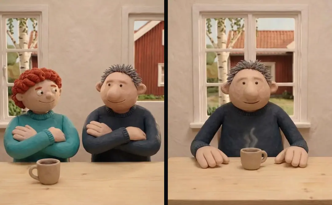 Either side of a cut between two clay shots: a couple with arms crossed at a table, then a man sitting behind a steaming cup