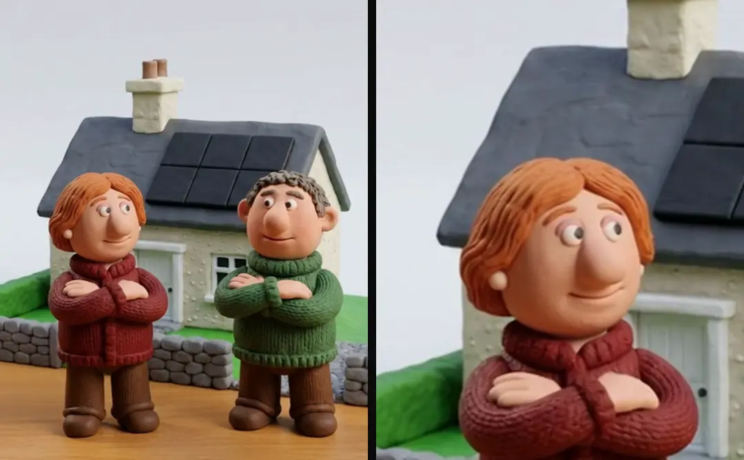 The same clay shot twice: a couple with folded arms in front of a house with solar panels, framed wide and then punched in on the woman's face and the roof