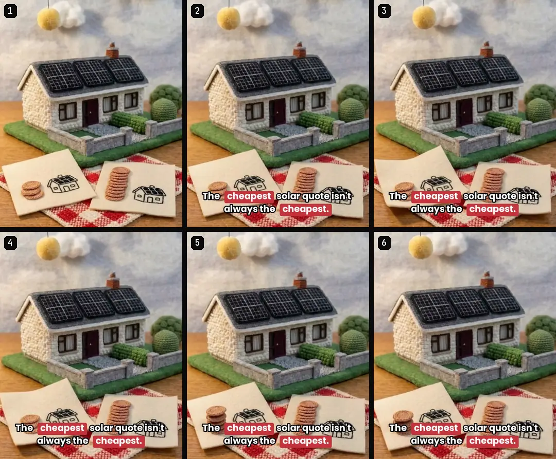 Six frames from the first three seconds of one crochet ad, half a second apart: a crocheted bungalow above two cards on a gingham cloth while the caption appears
