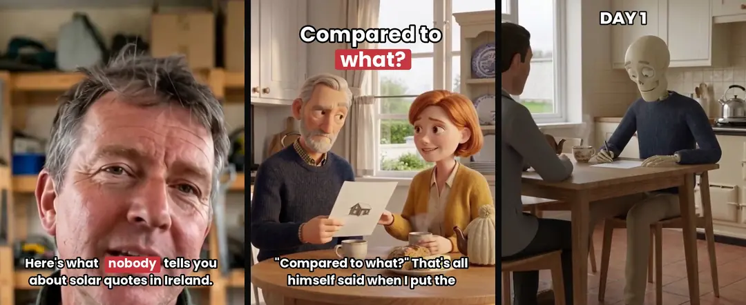 The first second of three ads: an AI-generated man starting to speak, a 3D couple under the words Compared to what?, and a cartoon skeleton under the label DAY 1