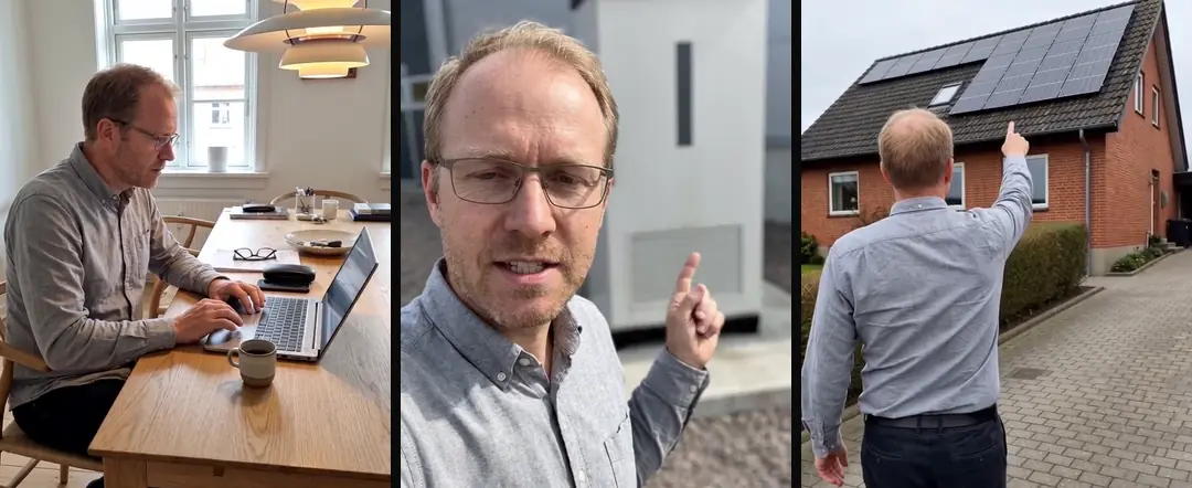 The same AI-generated man in three everyday scenes: at a laptop at his kitchen table, talking beside a battery cabinet, and pointing up at his roof