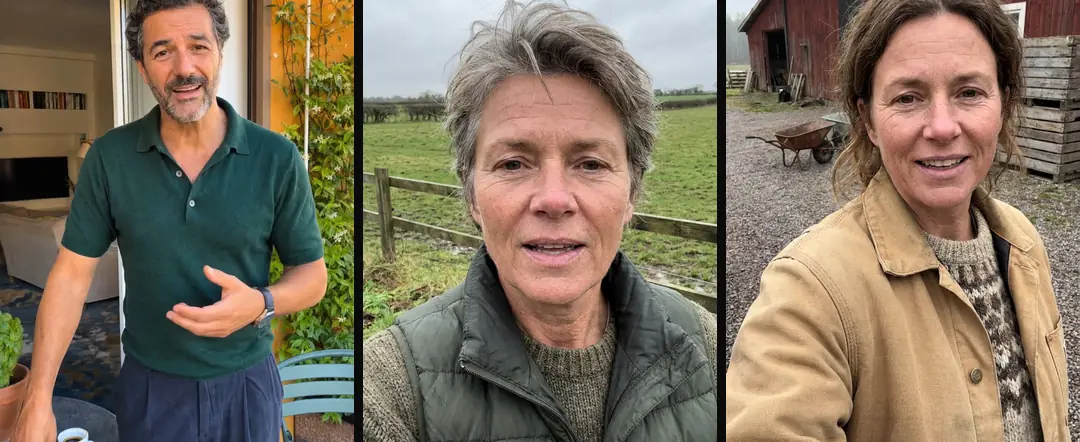 Three AI-generated people facing the camera, one waist-up and two head and shoulders, shown at roughly the size a phone feed shows them