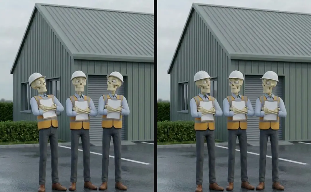 Two versions of three skeleton installers standing shoulder to shoulder in front of a unit