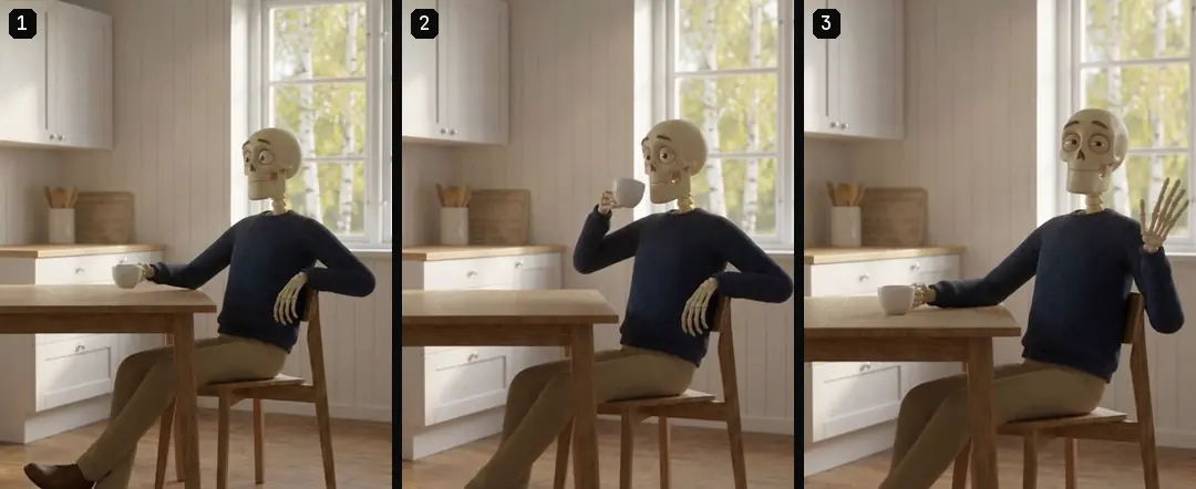 Three numbered frames from the start, middle and end of a skeleton shot in a white kitchen with a coffee cup