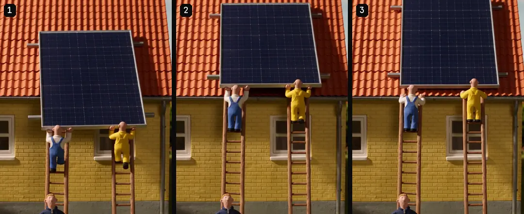 Three numbered frames across one clay clip of two installers on ladders lifting a solar panel onto a red roof