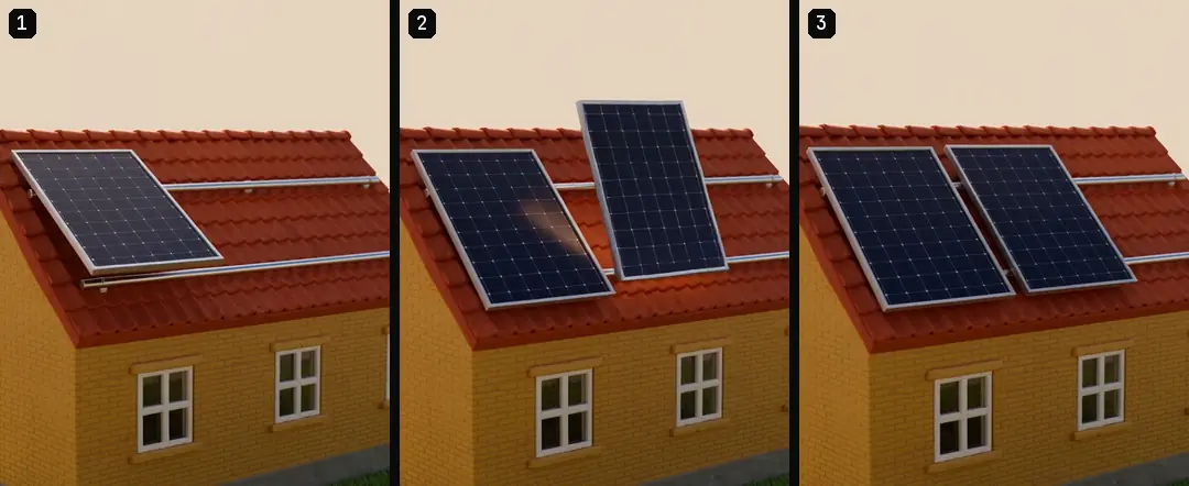 Three numbered clay frames two fifths of a second apart, while solar panels drop onto a red roof