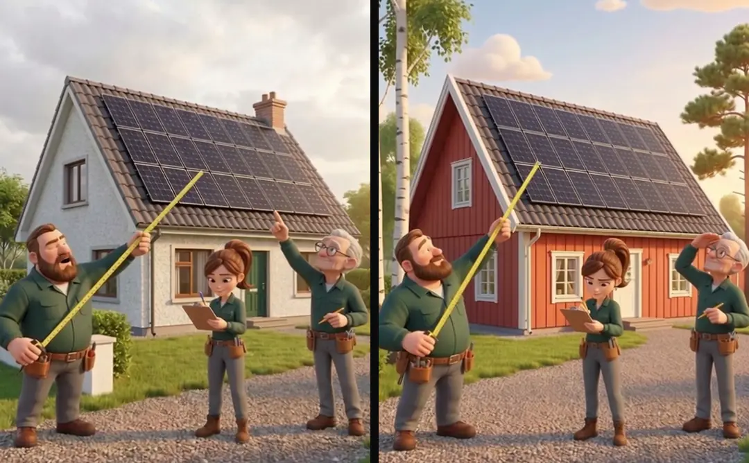 The same 3D shot description in two settings: three installers with a tape measure, a clipboard and a raised hand in front of a white house and a red timber house, both with panels