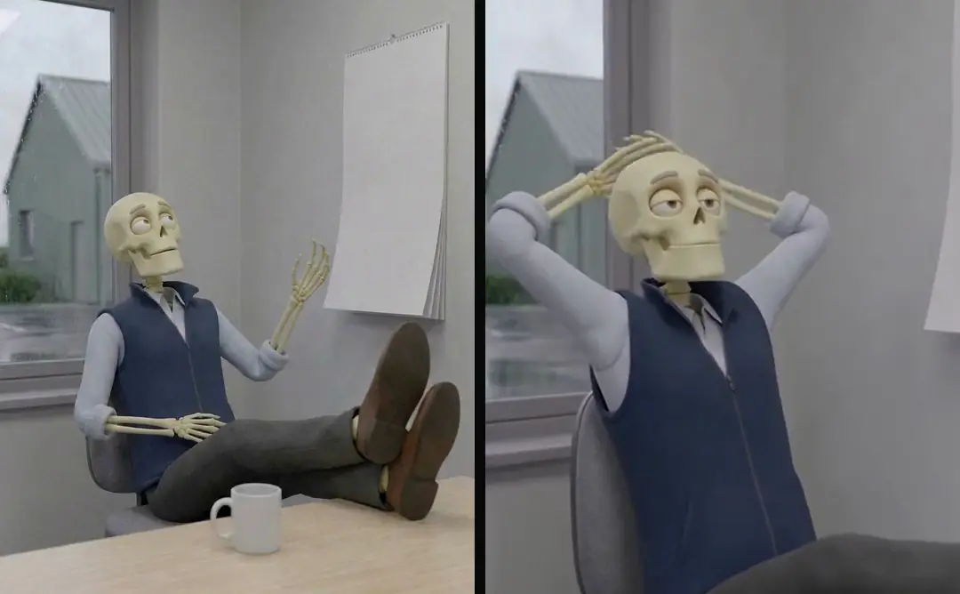 On the left a start frame of a skeleton leaning back with his feet on an office desk; on the right the shot that grew from it, playing, as he waves and leans back