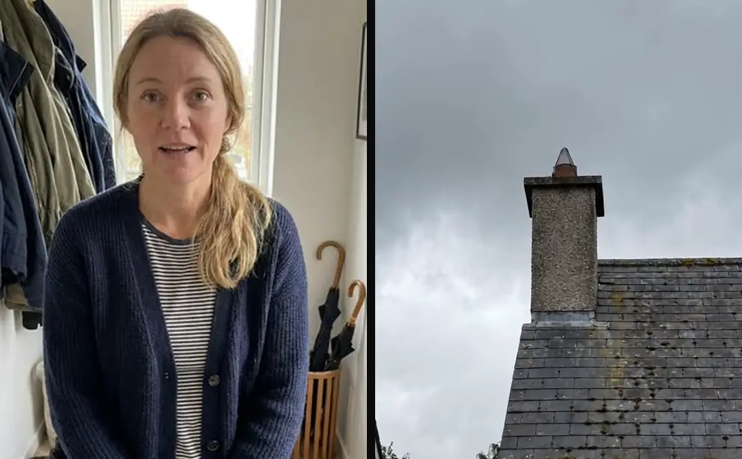 An AI-generated portrait of a woman facing the camera in a hallway, beside a b-roll shot of a slate roof and chimney under a grey sky