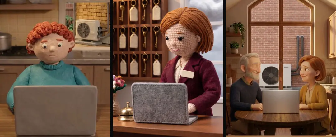 Three closing shots at laptops with blank lids: a clay woman in a kitchen, a crochet hotel manager at reception, and a 3D couple at a kitchen table