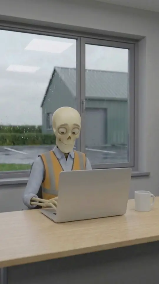 A full vertical frame of a skeleton at a laptop with a blank lid and a white mug, a window above and the desk below