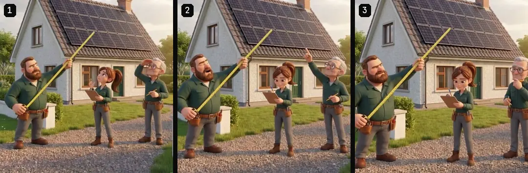 Three numbered square crops of the same 3D shot at the start, middle and end, as the installers move