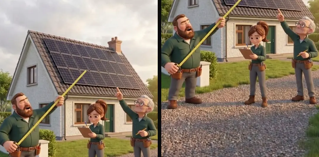 Two square crops of one vertical 3D shot of installers in front of a house: one placed high on the roof, one placed lower on the people