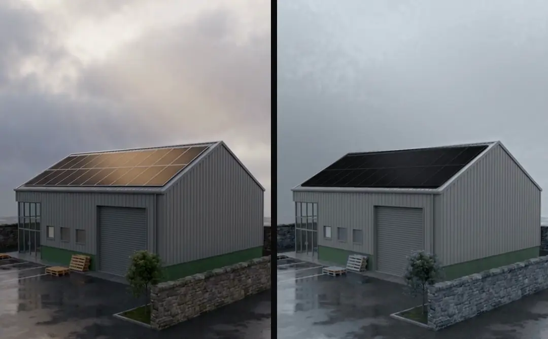 The same 3D warehouse with black roof panels twice: the original clip, warmer, and a color-corrected copy with more neutral tones