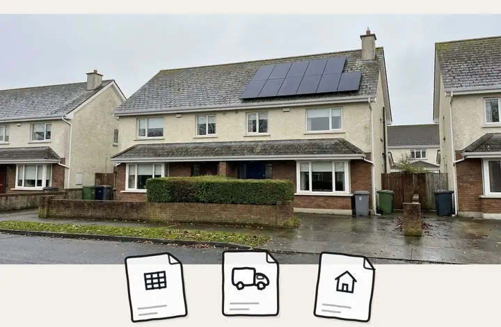 Part of a static ad: a photo of a semi-detached house with solar panels and three drawn symbols below it