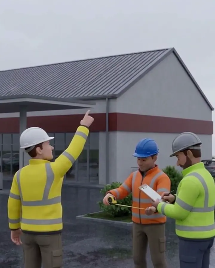 Three 3D installers in yellow, orange and lime vests standing on the forecourt of a village supermarket