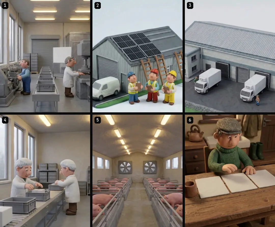 Six numbered clay clips available for one brief: a factory hall, installers at a unit, a food plant from above, a packing line, a pig shed and a farmer with blank sheets