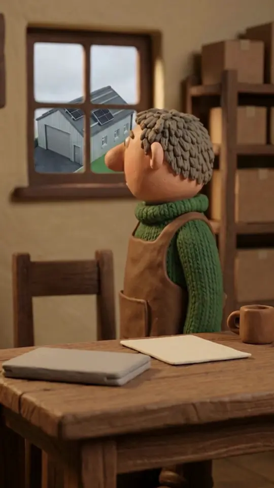 A full vertical clay frame: a man in a green jumper seen in profile at a wooden table by a window, looking out at a warehouse, composed for a 9:16 screen