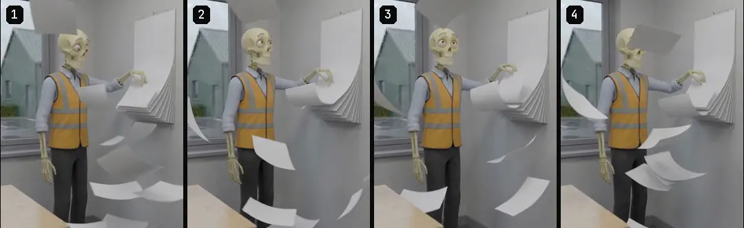 Four numbered frames from a skeleton shot with fast motion: blank calendar pages flying through an office