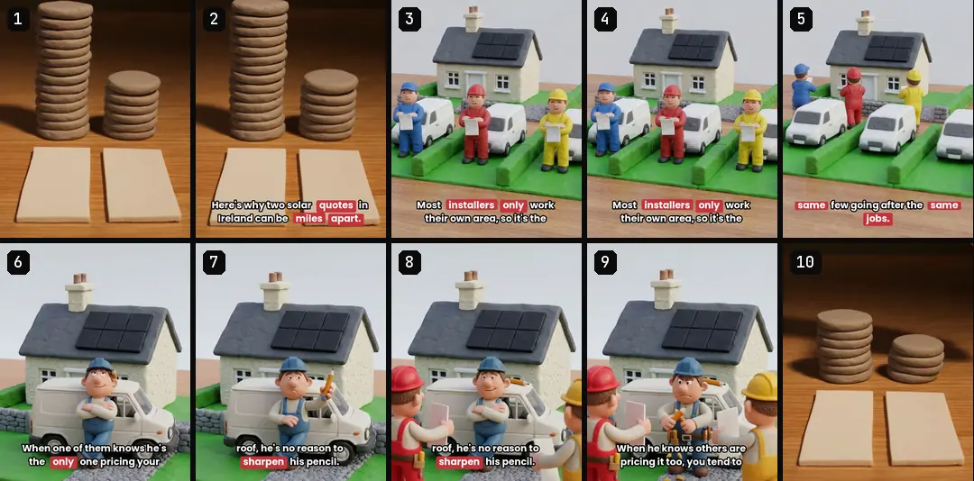 A numbered contact sheet of ten frames from the first 18 seconds of one clay ad, two seconds apart
