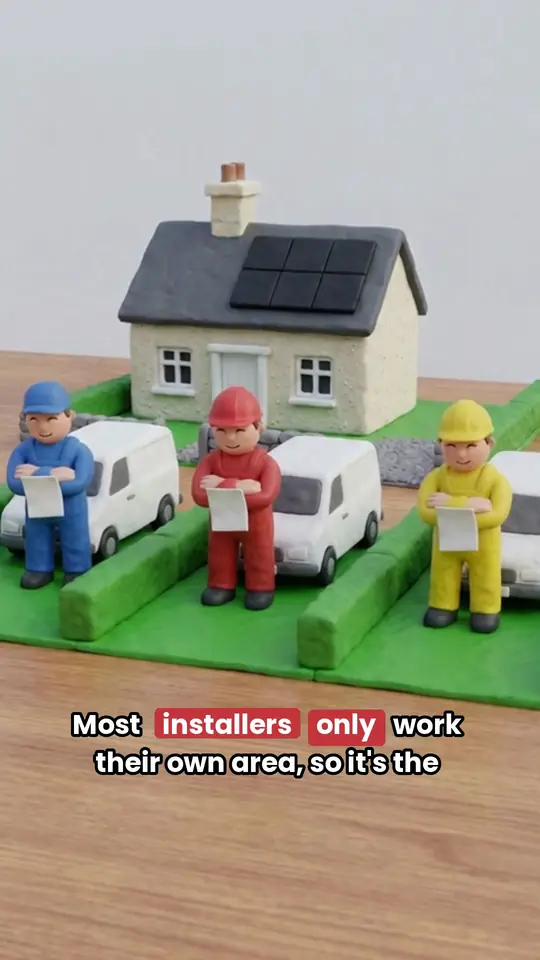 A frame from our clay ad with three installers and their vans in front of a house, and a two-line caption low in the frame