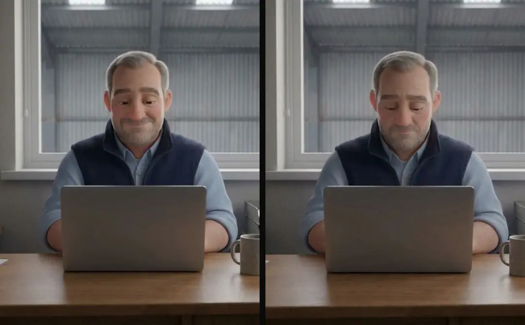 Two versions of one 3D shot of a warehouse owner behind a laptop: in one he smiles slightly, in the other his expression is neutral
