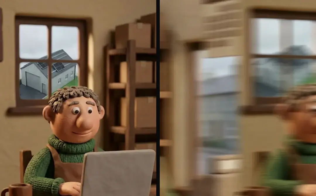 The same moment in two versions of a clay ad, the newer one with a motion-blurred whip transition
