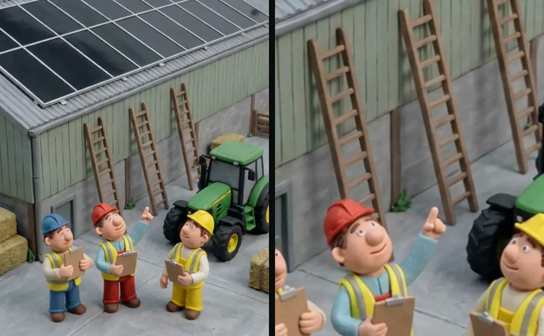The same clay shot of three installers in a farmyard, framed full and then punched in on the middle of the frame