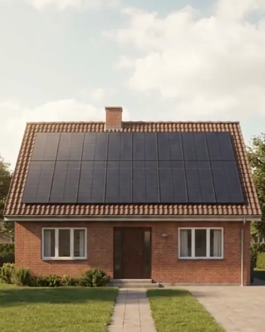A muted 3D loop of a slow push-in on a brick house with solar panels covering the whole roof