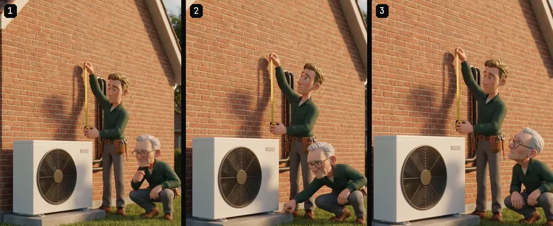 Three numbered frames from the start, middle and end of a 3D shot of an installer measuring by a heat pump