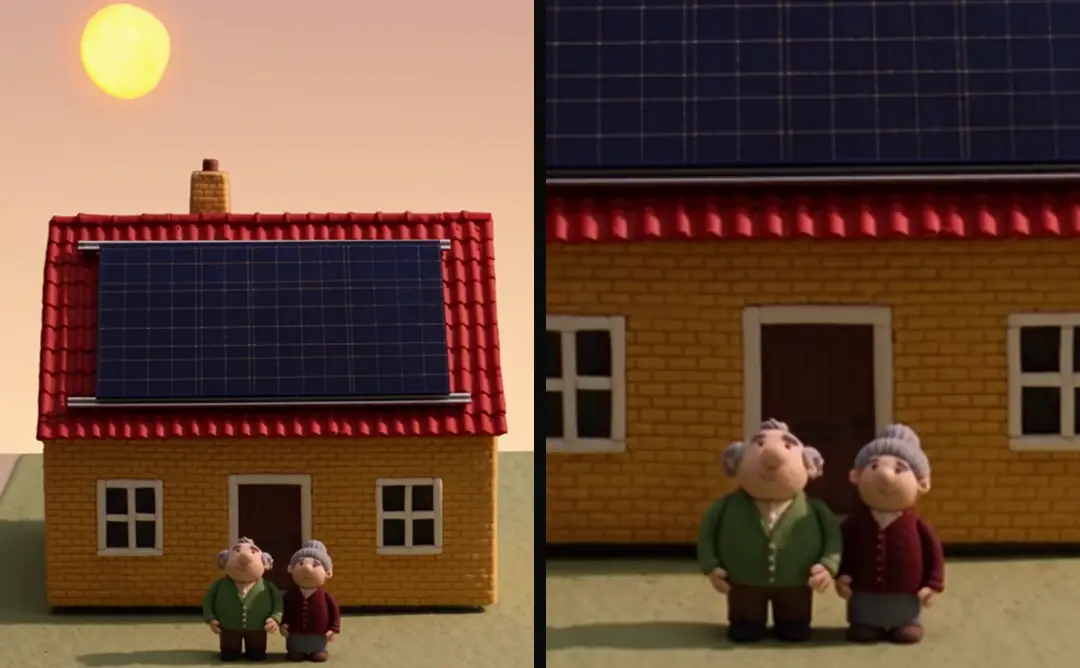 A clay house with panels and an older couple in front, and a cropped copy of the same clip framed on the couple