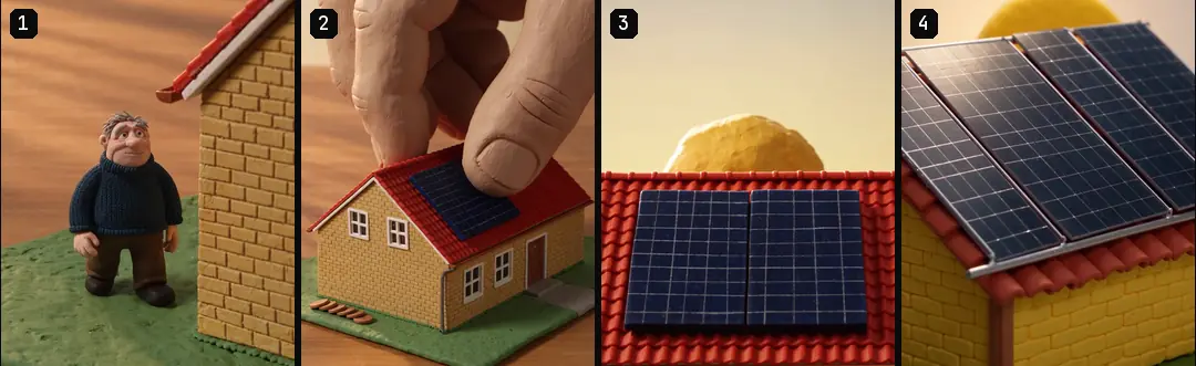 Four numbered clay clips in edit order: a man on a lawn looking up at a house, a hand placing a panel on its roof, the panel up close and the finished roof with panels