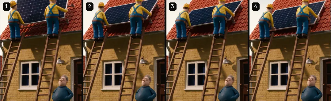 Four numbered frames from one clay clip at zero, one, two and three seconds: two installers setting a panel on a roof