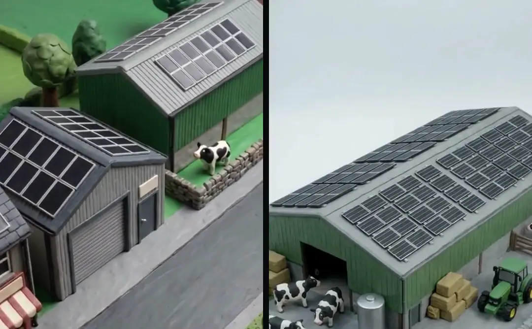 Two takes of the same clay ad side by side: in take 2 a street shot stays on screen, in take 3 it cuts to a farm with cows as the voice says farms