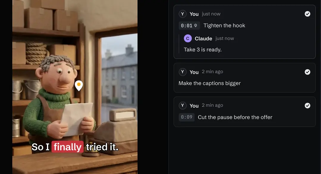 Illustration of a clay shop owner on a video with an amber pin and a note at 0:01 that says Tighten the hook, with the reply Take 3 is ready