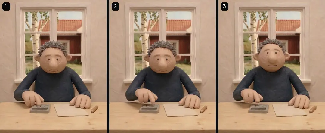 Three numbered frames from a clay shot of a man tapping a calculator with a blank display at a table