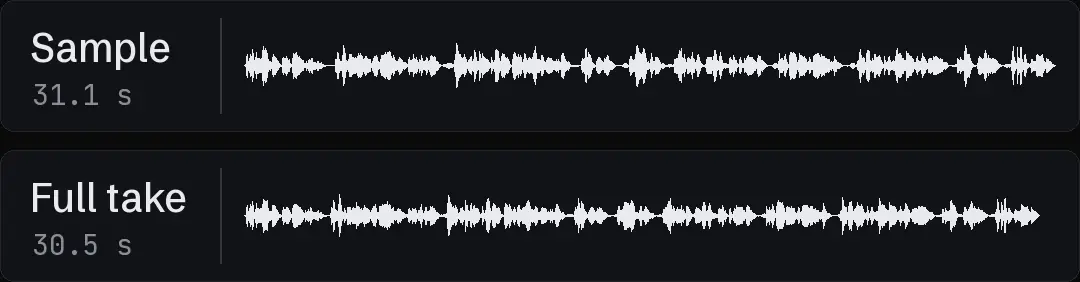 Two waveforms of one script: the approved sample read and the full final take, on one time axis