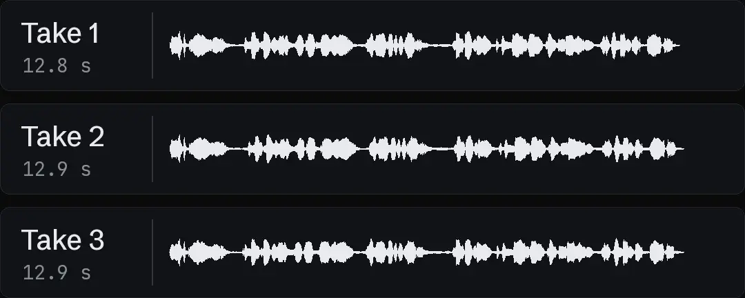 Three waveforms of one voice reading the same audition line in three takes, each lane with its length