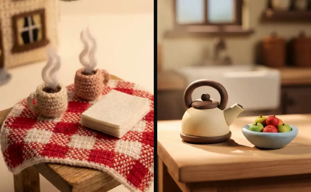 Two quiet shots with nothing said: two crochet coffee cups steaming beside blank papers, and an empty clay kitchen