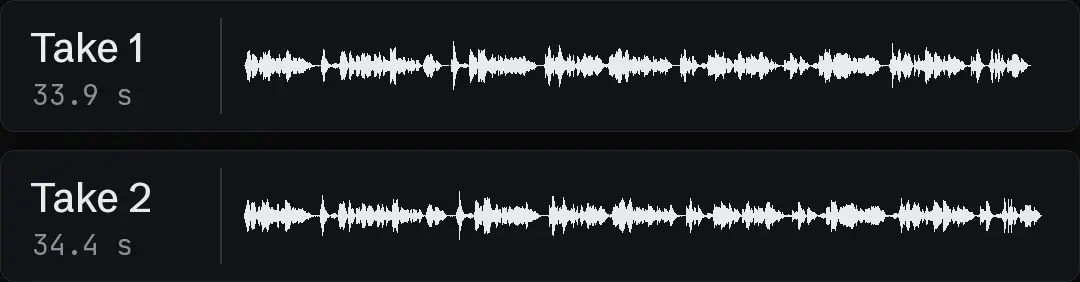 Two waveforms on one time axis, Take 1 and Take 2 of one voiceover, each with its length and with pauses in slightly different places
